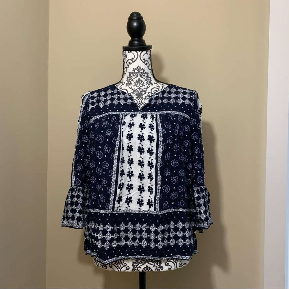 LOFT Navy and White Patterned Top